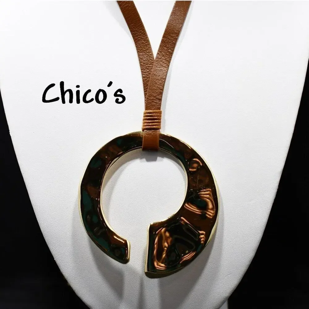 Chico’s Leather Necklace Large Gold C Pendant Adjustable 36” Modern Statement